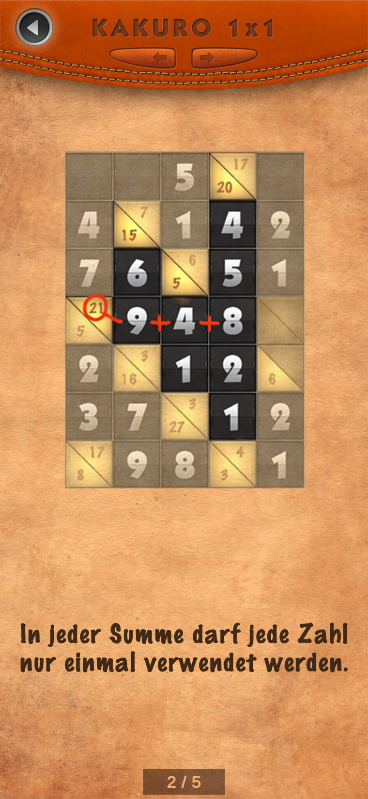 Hilfeseite von Kakuro Classic mit den Spielregeln
